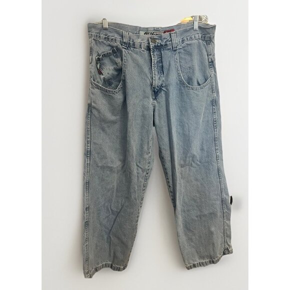 JNCO Mens Light Wash Blue Vintage Low Downs Denim Jeans Distressed Embroidered - Picture 10 of 14